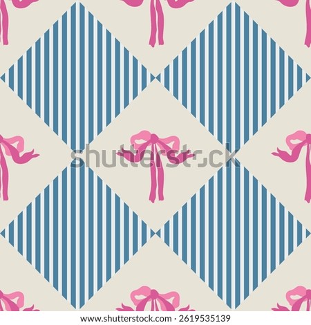 Flirtatious pattern with pink ribbon bows and stripes. Checkered seamless ornament. Vector coquette hand drawn illustrations. Trendy seamless pattern for birthday, celebrations decor. Textile design.
