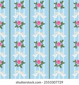 Flirtatious pattern with ribbon bows and flowers. Vector coquette hand drawn illustrations. Trendy seamless pattern