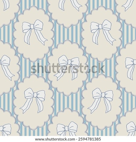 Flirtatious pattern with ribbon bows and stripes in blue colors. Vector coquette hand drawn illustrations. Trendy seamless pattern for birthday, celebrations decor. Textile design.

