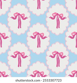 Flirtatious pattern with ribbon bows. Vector coquette hand drawn illustrations. Trendy seamless pattern for birthday, celebrations decor. Textile design.
