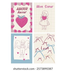 Flirtatous poster s set with Whimsical Valentines day line art illustrations. Cupid, girl, ribbon bows and Strawberry in Cards outline vector art.
