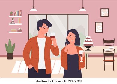 Flirting couple people vector illustration. Cartoon young man woman lover characters with wine glasses in hands spending flirt romantic time, dating at home room interior, love relationship background