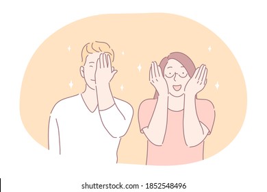 Flirting, embarrassment in couple concept. Young smiling girl and boy cartoon characters teens covering eyes and face with hands feeling positive embarrassment during communication and dating 