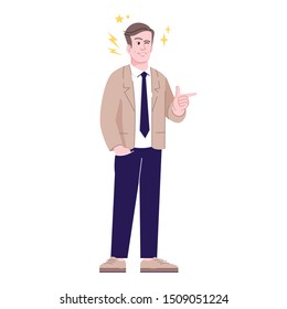 Flirting man flat vector illustration. Attractive person. Fellow in joking mood. Cheerful, joyful guy with pointing finger gesture isolated cartoon character with outline elements on white background