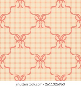 Flirty bows knitted in a mesh of diamonds. Vector seamless pattern. Preppy cute cartoon hand drawn illustration on a satin check background. textile printing, baby clothes, wallpaper, scrapbooking