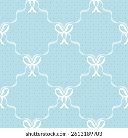 Flirty bows knitted in a mesh of diamonds. Vector seamless pattern. Preppy cute cartoon hand drawn illustration on a polka dot background. Ideal textile printing, baby clothes, wallpaper, scrapbook