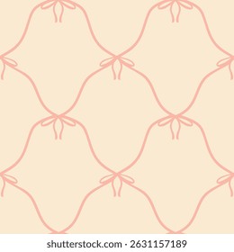 Flirty bows knitted in a mesh of diamonds. Vector seamless pattern. Preppy cute cartoon hand drawn illustration. Ideal textile printing, baby clothes, wallpaper, scrapbooking