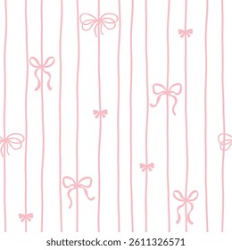 Flirty bows and ribbons are tied into vertical. Vector seamless pattern. Preppy cute cartoon hand-drawn illustration. Ideal textile printing, baby clothes, wallpaper, scrapbooking