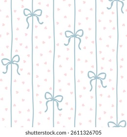 Flirty bows and ribbons are tied into vertical. Vector seamless pattern, background of hearts in polka dots. Preppy cute cartoon hand-drawn illustration. textile printing, baby clothes, scrapbooking
