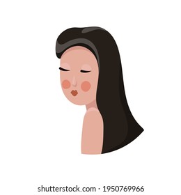 Flirty brunette girl with her eyes closed. Portrait of a young girl looking over her shoulder. Thick eyelashes, blush, beautiful hairstyle. Vector flat illustration isolated on a white background.