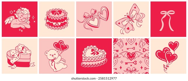 Flirty collection of Valentine's Day elements in pink. Romantic cupid, hearts, cakes, ribbons, bear, heart-shaped balloons, perfect for wedding decor, fun girly designs, coquettish stickers