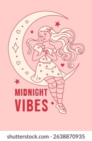 A flirty coquette print with a fairy girl, a crescent moon and stars, evoking a sense of magic and wonder. Fantasy poster combines witchcraft midnight aesthetic and dreamy, pink color palette