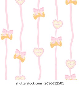 Flirty croissant with bow hanging on vertical stitches seamless vector pattern. Cute cartoon pastry with trendy decoration. for kids clothing, nursery wallpaper, textiles in sweet pastel style