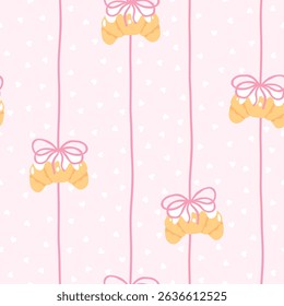 Flirty croissant with bow hanging on vertical stitches seamless vector pattern. Cute cartoon pastry with trendy decoration. for kids clothing, nursery wallpaper, textiles in sweet pastel style