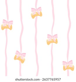 Flirty croissant with bow hanging on vertical stitches seamless vector pattern. Cute cartoon pastry with trendy decoration. for kids clothing, nursery wallpaper, textiles in sweet pastel style