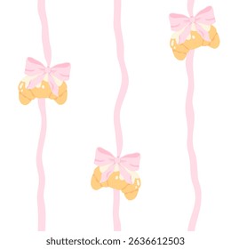 Flirty croissant with pink bow hanging on vertical stitches seamless vector pattern. Cute cartoon pastry with trendy decoration. for kids clothing, nursery wallpaper, textiles in sweet pastel style