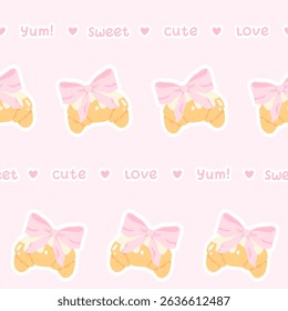 Flirty croissant with pink bow seamless vector pattern. Cute cartoon blush pastry with trendy decoration. Perfect for kids clothing, nursery wallpaper, stationery and textiles in sweet pastel style