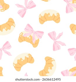 Flirty croissant with pink bow seamless vector pattern. Cute cartoon blush pastry with trendy decoration. Perfect for kids clothing, nursery wallpaper, stationery and textiles in sweet pastel style