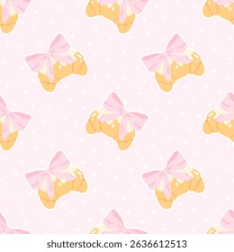 Flirty croissant with pink bow seamless vector pattern. Cute cartoon blush pastry with trendy decoration. Perfect for kids clothing, nursery wallpaper, stationery and textiles in sweet pastel style