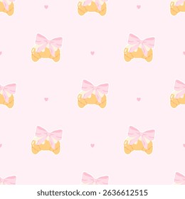 Flirty croissant with pink bow seamless vector pattern. Cute cartoon blush pastry with trendy decoration. Perfect for kids clothing, nursery wallpaper, stationery and textiles in sweet pastel style