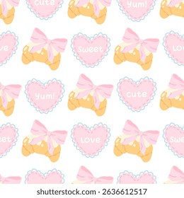Flirty croissant with pink bow seamless vector pattern. Cute cartoon blush pastry with trendy decoration. Perfect for kids clothing, nursery wallpaper, stationery and textiles in sweet pastel style
