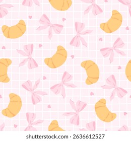 Flirty croissant with pink bow seamless vector pattern. Cute cartoon blush pastry with trendy decoration. Perfect for kids clothing, nursery wallpaper, stationery and textiles in sweet pastel style