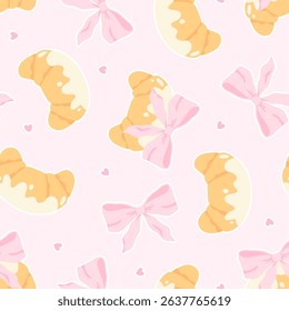 Flirty croissant with pink bow seamless vector pattern. Cute cartoon blush pastry with trendy decoration. Perfect for kids clothing, nursery wallpaper, stationery and textiles in sweet pastel style