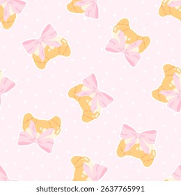 Flirty croissant with pink bow seamless vector pattern. Cute cartoon blush pastry with trendy decoration. Perfect for kids clothing, nursery wallpaper, stationery and textiles in sweet pastel style
