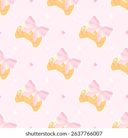 Flirty croissant with pink bow seamless vector pattern. Cute cartoon blush pastry with trendy decoration. Perfect for kids clothing, nursery wallpaper, stationery and textiles in sweet pastel style