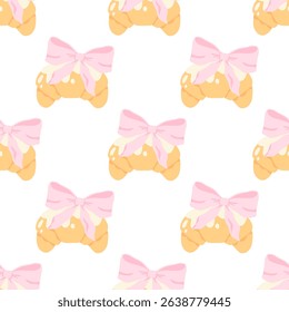 Flirty croissant with pink bow seamless vector pattern. Cute cartoon blush pastry with trendy decoration. Perfect for kids clothing, nursery wallpaper, stationery and textiles in sweet pastel style