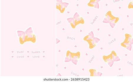 Flirty croissant with pink bow seamless vector pattern. Cute cartoon blush pastry with trendy decoration. Perfect for kids clothing, nursery wallpaper, stationery and textiles in sweet pastel style