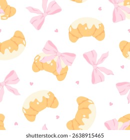 Flirty croissant with pink bow seamless vector pattern. Cute cartoon blush pastry with trendy decoration. Perfect for kids clothing, nursery wallpaper, stationery and textiles in sweet pastel style
