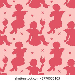 A flirty fun anti-romantic seamless background of devil Cupid silhouettes with hearts in a flame. A coquette core pink tone backdrop for alternative Valentine's designs.