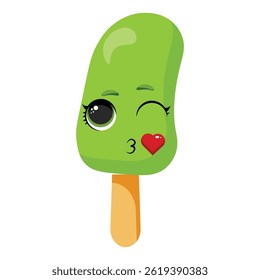 Flirty green ice cream character with a wink Kissing frozen treat illustration Funny summer dessert graphic with a blowing kiss Adorable green snack with a heart