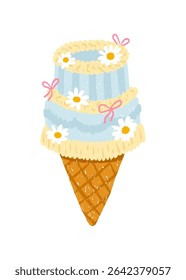 Vetor desenhado à mão flerte de cone de sorvete de bolo azul com arcos, margaridas e geada pastel texturizada. Design de tendência bonito inspirado coreano, perfeito para marca de padaria, embalagem, adesivos e impressões