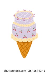 Flirty hand-drawn vector of cake ice cream cone with cherries, bows pastel frosting. Korean cute trend design, bakery aesthetic. Great for packaging, stickers, party design and confectionery goods