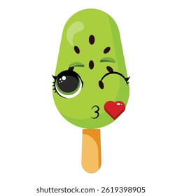 Flirty kiwi flavored green ice cream character with a wink Kissing fruit dessert illustration Funny summer snack graphic with a blowing kiss Adorable green treat with a heart and number three 