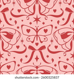 Flirty pink tone seamless pattern with butterflies, swirling ribbons, and delicate hearts. Endless girly design for fabric prints, wallpaper, romantic wedding decor