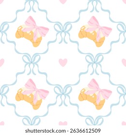 Flirty seamless vector pattern with croissants, pink bows, blue ribbon lattice and hearts. Perfect for packaging, textiles, stationery, gift wrap and girly romantic designs
