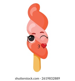 Flirty swirled ice cream character with a wink Kissing frozen treat illustration