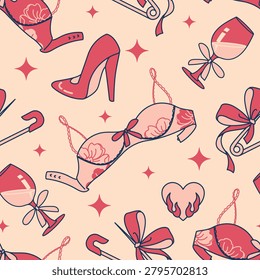 Flirty troublemaker aesthetic seamless background. Pattern of pink lingerie, high heels, a safety pin with a coquette bow, and female accessories.