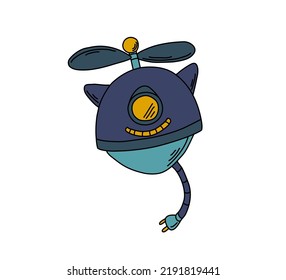 Fliying cute cat like grinning robot with tail and ears. Illustration element. Doodle for kids design.