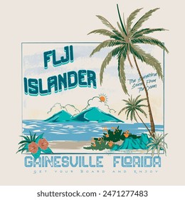 Flji Islander vintage color retro dibujado a mano obra de arte de la playa es Vector, puesta de sol de la playa de la palmera, playa larga, dibujo de la mano de las vibraciones de verano, eslogan de la playa de verano con ilustración, Hawaii, tipografía de surf Aloha