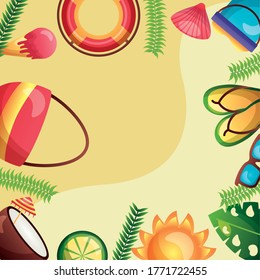 float bucket sandals glasses sun cocktail and bucket frame design, Summer vacation and tropical theme Vector illustration