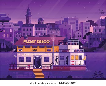 Float disco barge inspired by Belgrade floating river nightclubs. Midnight party on music boat and evening city panoramic view on background. Flat design urban landscape.