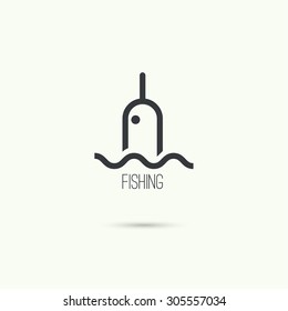 Float, fishing line. Logo symbol with reflection in the water. 