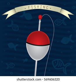 Float with fishing line vector illustration isolated on a dark blue background with shapes of waves, fish and air bubbles. Volume effect. Retro ribbon with lettering 'fishing'. Close up