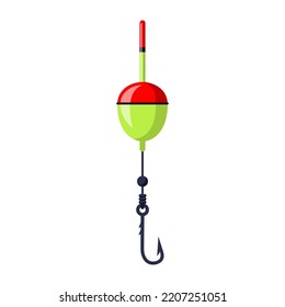 Float and hook. Fishing float. Fishing hook. Colorful bobber float icon. Vector illustration flat design. Isolated on white background. Template for web and print. 