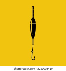 Float and hook in water black icon. Fishing float. Buoy floating on water. Colorful bobber float icon. Wavy water. Fishing template. Vector illustration flat design.
