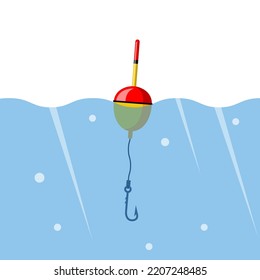 Float and hook in water. Fishing float. Buoy floating on water. Colorful bobber float icon. Wavy water. Fishing template. Vector illustration flat design.